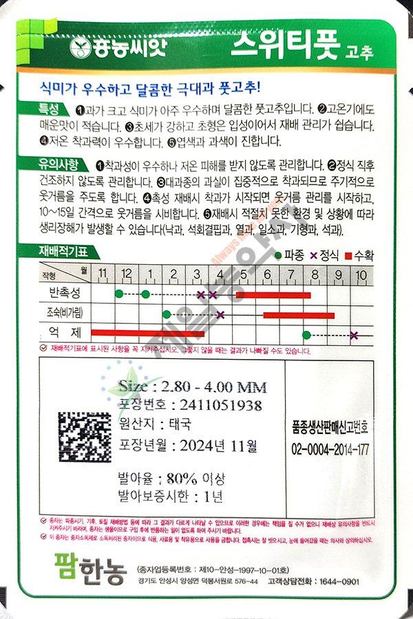 안산제일농약사님의 장터 판매 상품 [스위티풋고추 1000립 마지막1봉] 첨부 사진