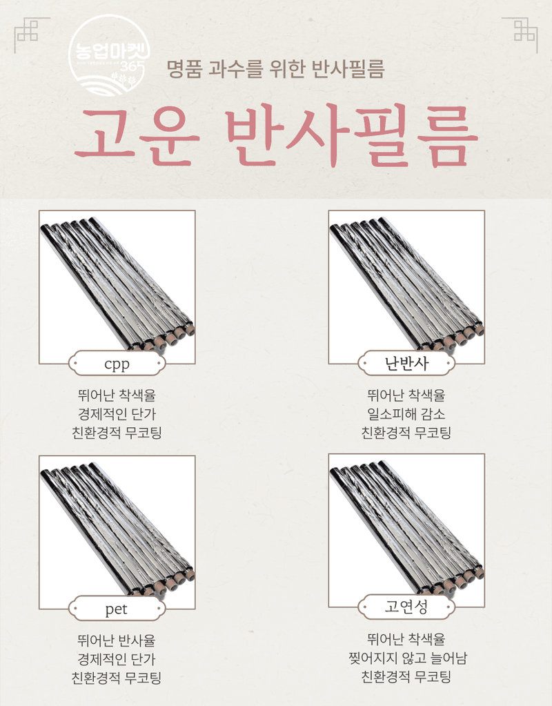 농업마켓365님의 장터 판매 상품 [농업마켓365 반사필름 cpp 난반사 pet 고연성 과수 착색 반사 햇빛 당도 최저가 사과 포도 복숭아 배] 첨부 사진