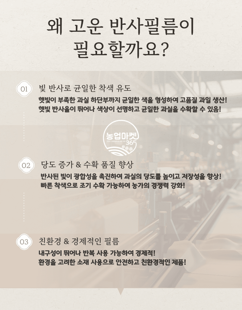 농업마켓365님의 장터 판매 상품 [농업마켓365 반사필름 cpp 난반사 pet 고연성 과수 착색 반사 햇빛 당도 최저가 사과 포도 복숭아 배] 첨부 사진