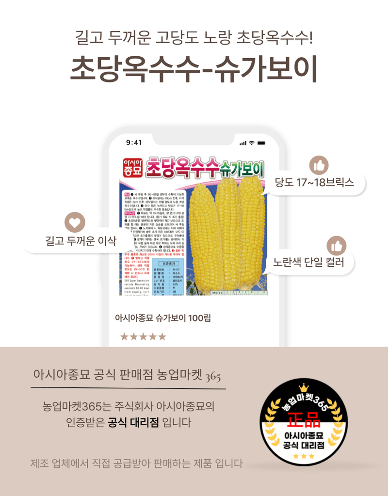 농업마켓365님의 장터 판매 상품 [농업마켓365 아시아종묘 초당옥수수 슈가보이 100립 씨앗 종자 텃밭 주말농장 농사 옥수수] 첨부 사진