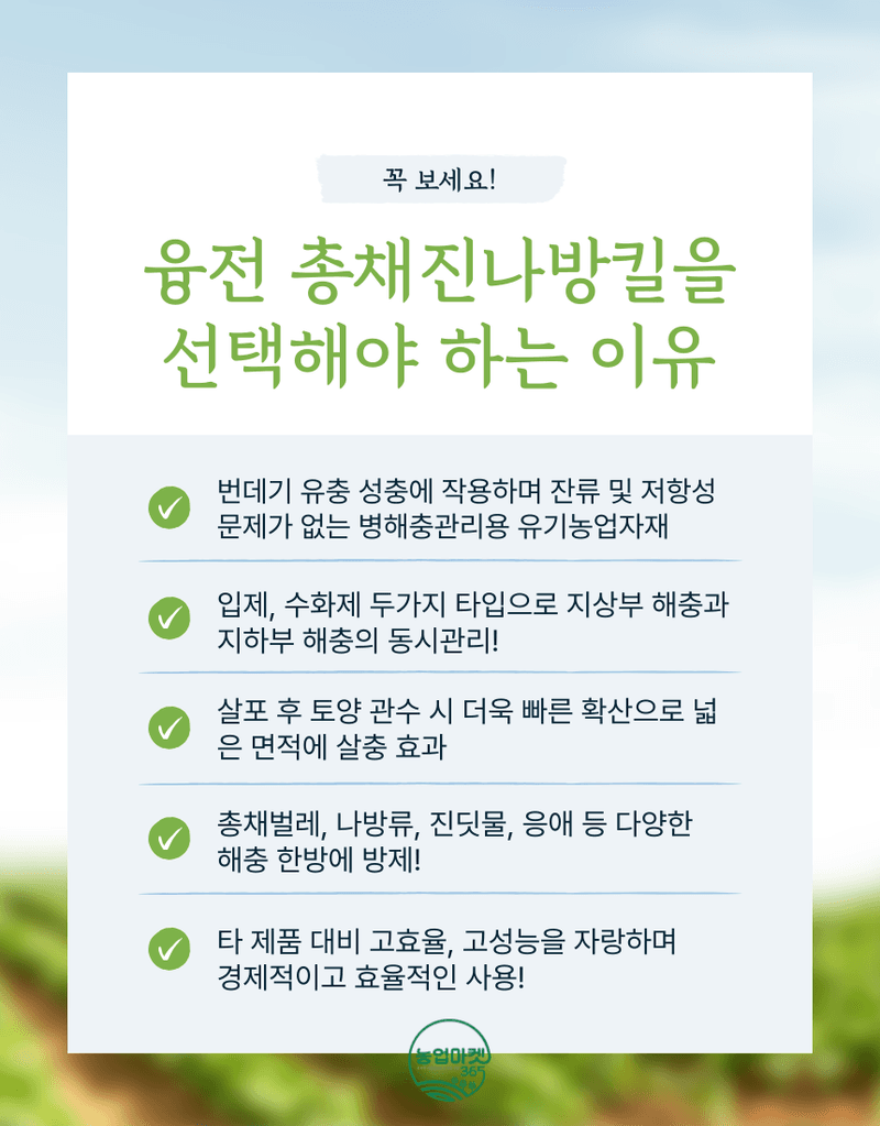 농업마켓365님의 장터 판매 상품 [농업마켓365 융전 총채진나방킬 수화제 100g 유기농업자재 병해충 친환경 총채벌레 나방벌레 진딧물 살충 비티균 ] 첨부 사진