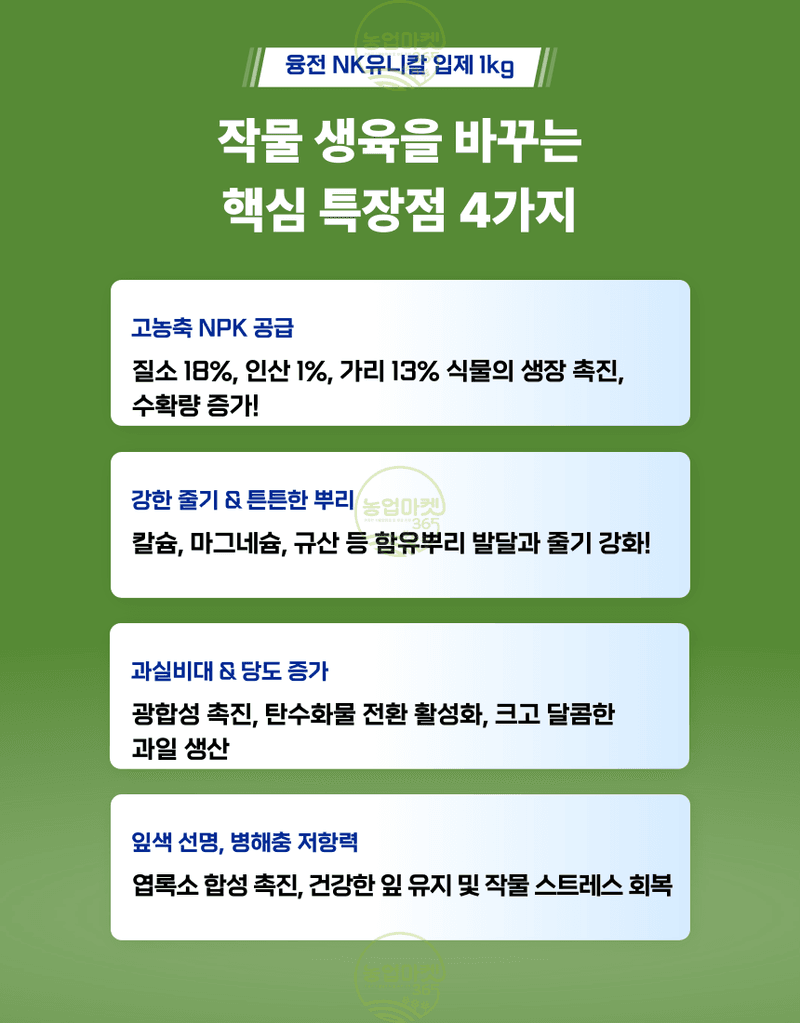 농업마켓365님의 장터 판매 상품 [농업마켓365 융전 nk유니칼 입제 1kg 유니칼슘비료 기비 추비 밑거름 웃거름 텃밭 주말농장] 첨부 사진