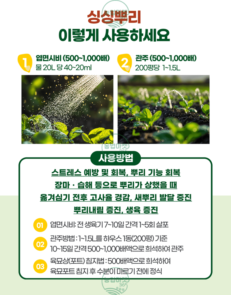 농업마켓365님의 장터 판매 상품 [농업마켓365 융전 싱싱뿌리 액제 500ml 뿌리발근제 뿌리활력 아미노산 새뿌리발달 염류장해 토양개량 육묘 텃밭 ] 첨부 사진