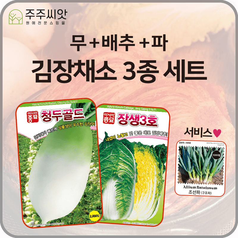 장터 상품 [김장채소 씨앗 3종 세트 / 청두골드, 장생3호, 조선파 / 당근 씨앗, 김장무 씨앗, 김장배추 씨앗] 썸네일