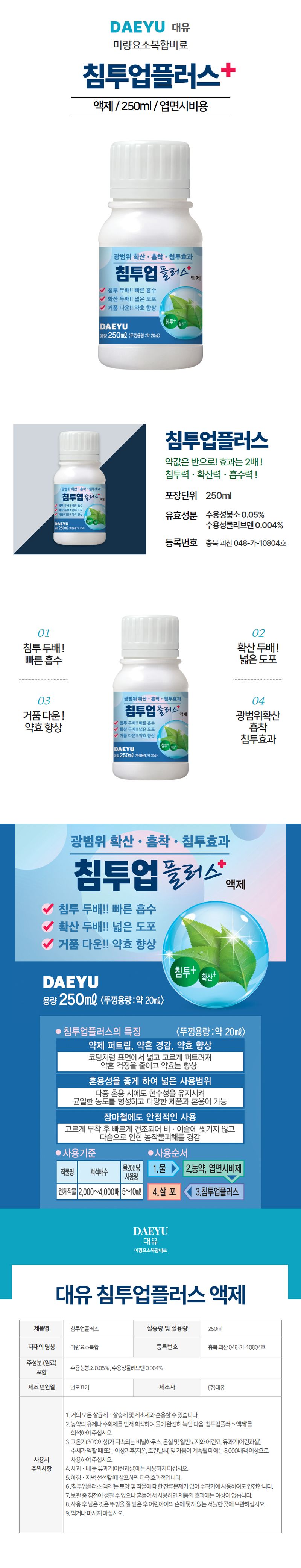 산들마켓,씨앗마켓님의 장터 판매 상품 [침투업 플러스 250ml 광범위 확산 흡착 약흔 경감 전착 고농축 침투제 기능성 비료] 첨부 사진