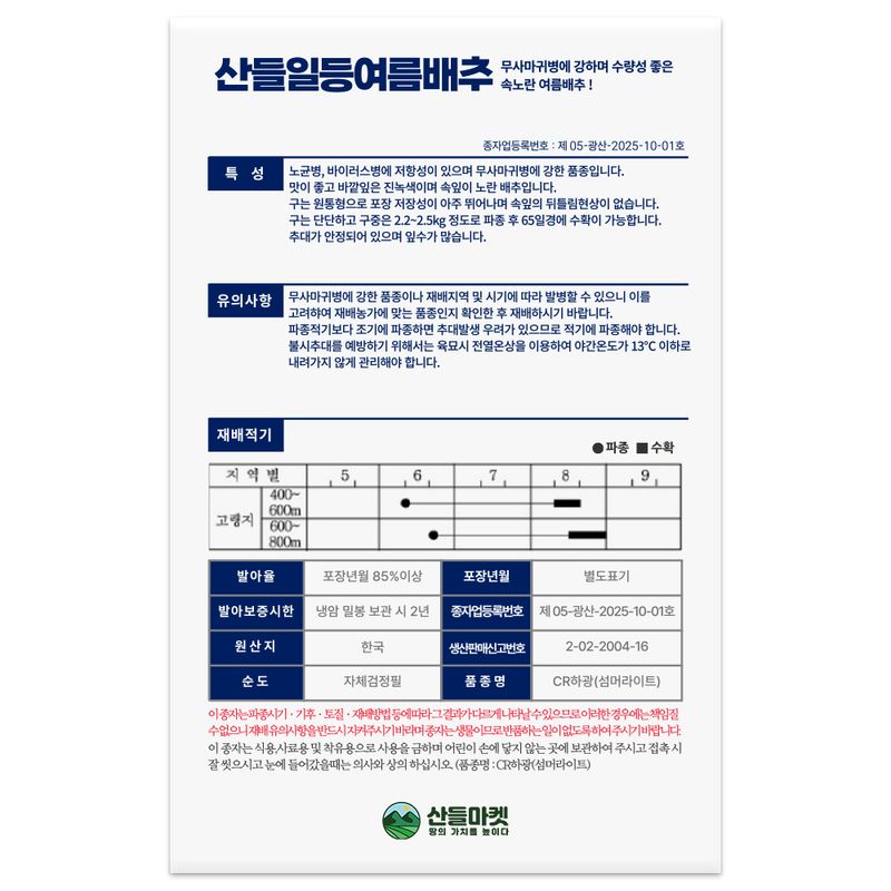 산들마켓,씨앗마켓님의 장터 판매 상품 [산들 일등여름 배추 씨앗 200립 무사마귀병에 강한 여름 배추씨 종자] 첨부 사진