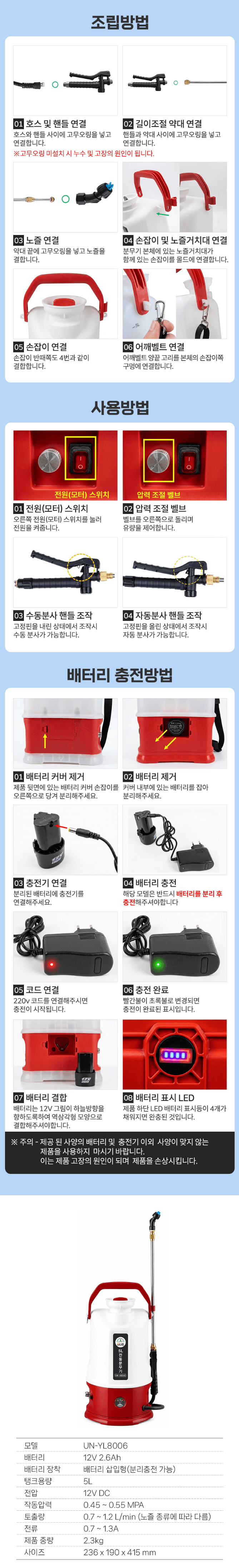 유니즈님의 장터 판매 상품 [유니즈 농약 전동분무기 5L 충전식 무선 분무기 제초제 살포기 소독 방역 UN-Y8006] 첨부 사진