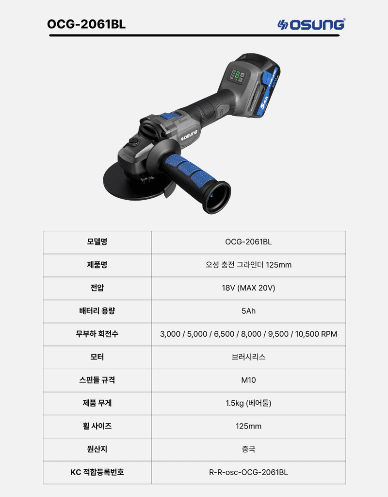 오성오에스씨님의 장터 판매 상품 [오성 20V 충전 무선 전동 125mm 그라인더 핸드 5인치 OCG-2061WL 세트] 첨부 사진