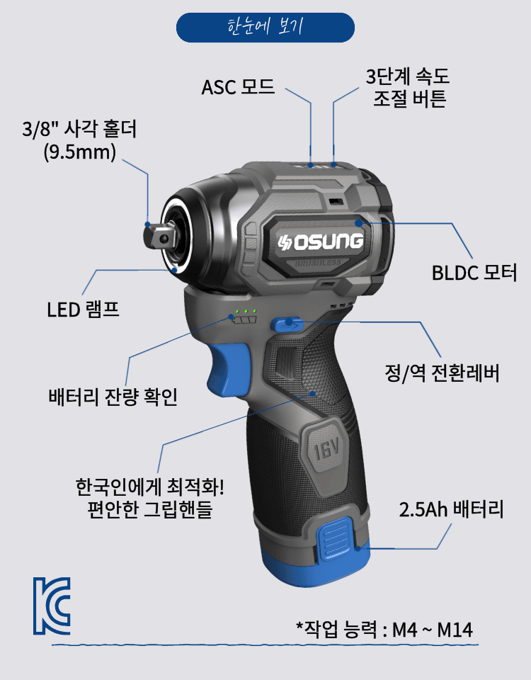 오성오에스씨님의 장터 판매 상품 [오성 16V 충전 전동 건타입 임팩 렌치 OGW-1658SL 브러쉬리스 B1658SL] 첨부 사진