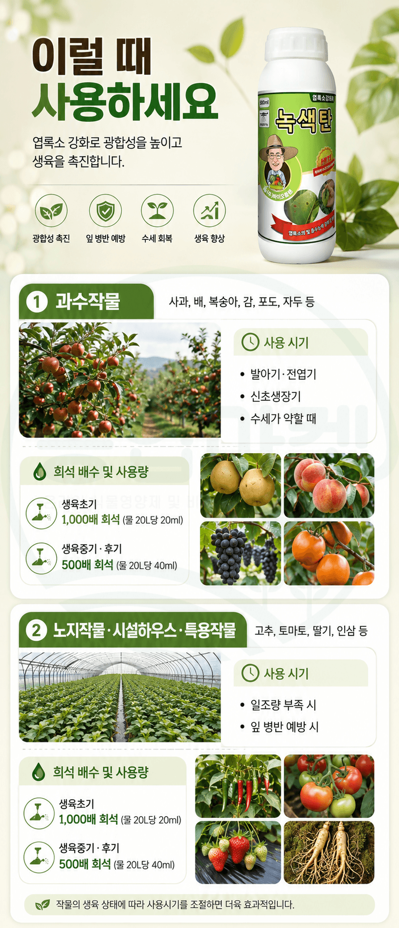 농업마켓365님의 장터 판매 상품 [바이오플랜 녹색탄 500ml 광합성촉진제 갈반병예방 천공병예방 엽록소강화 생육회복제 식물영양제] 첨부 사진
