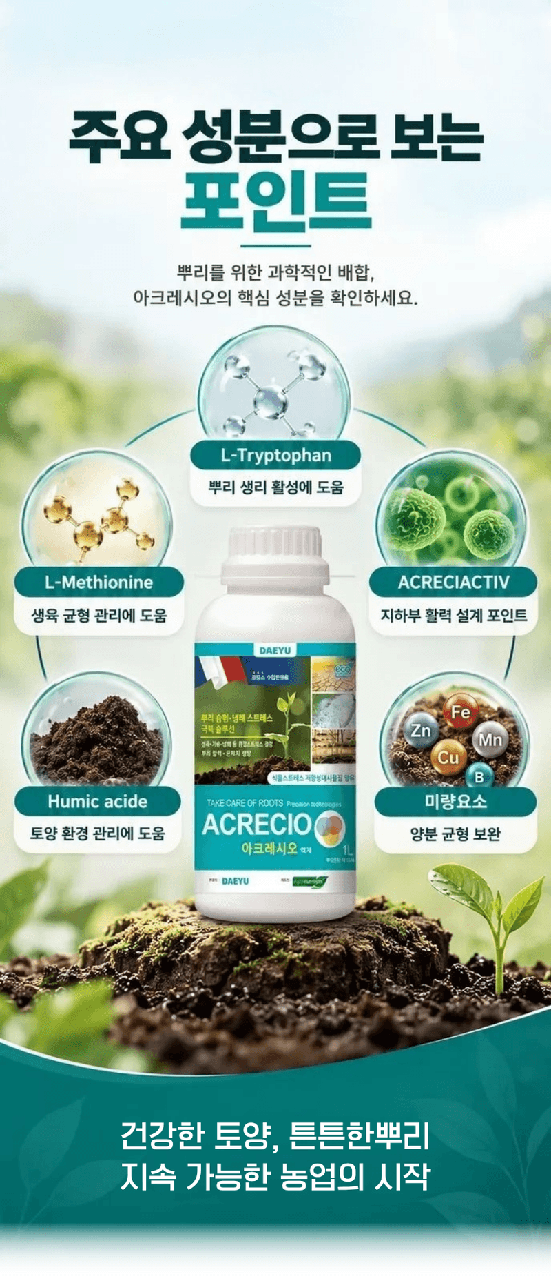 농업마켓365님의 장터 판매 상품 [대유 아크레시오 액제 500ML 1L 2L 5L 프랑스 수입제 뿌리발달 뿌리활착 근권관리 식물영양제] 첨부 사진