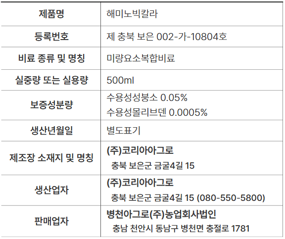 병천아그로(주)법인님의 장터 판매 상품 [코리아아그로 해미노빅칼라 500ml 비대제 비대향상 고른착색 당도향상 당도제] 첨부 사진