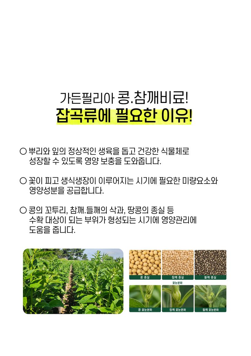 파머스케어님의 장터 판매 상품 [가든필리아 콩참깨비료2kg 들깨 잡곡류 생육 꼬투리 형성 도움 비료 칼슘 마그네슘 황 규산 함유] 첨부 사진