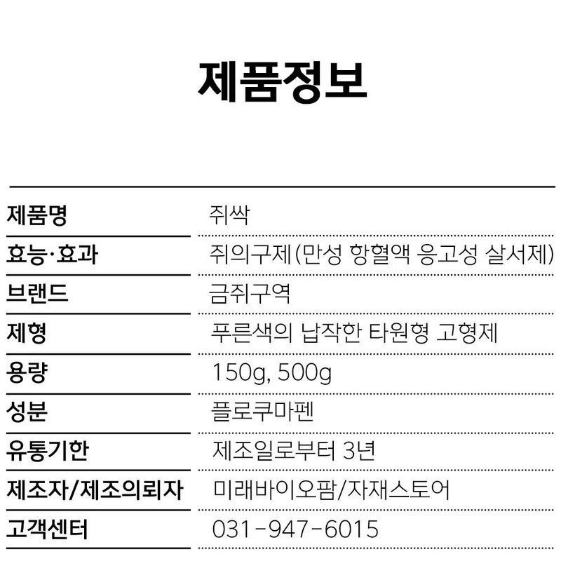 자재스토어님의 장터 판매 상품 [금쥐구역 쥐약 강력 살서제 쥐퇴치 150g, 500g] 첨부 사진