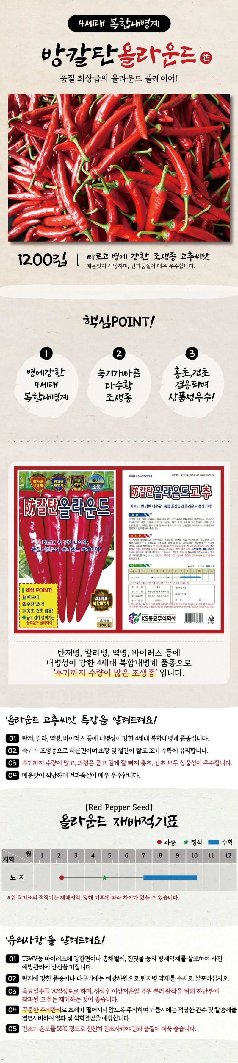 산들마켓,씨앗마켓님의 장터 판매 상품 [방칼탄올라운드 고추 씨앗 1200립 복합내병계 조생종 홍초 건초 고추 종자] 첨부 사진