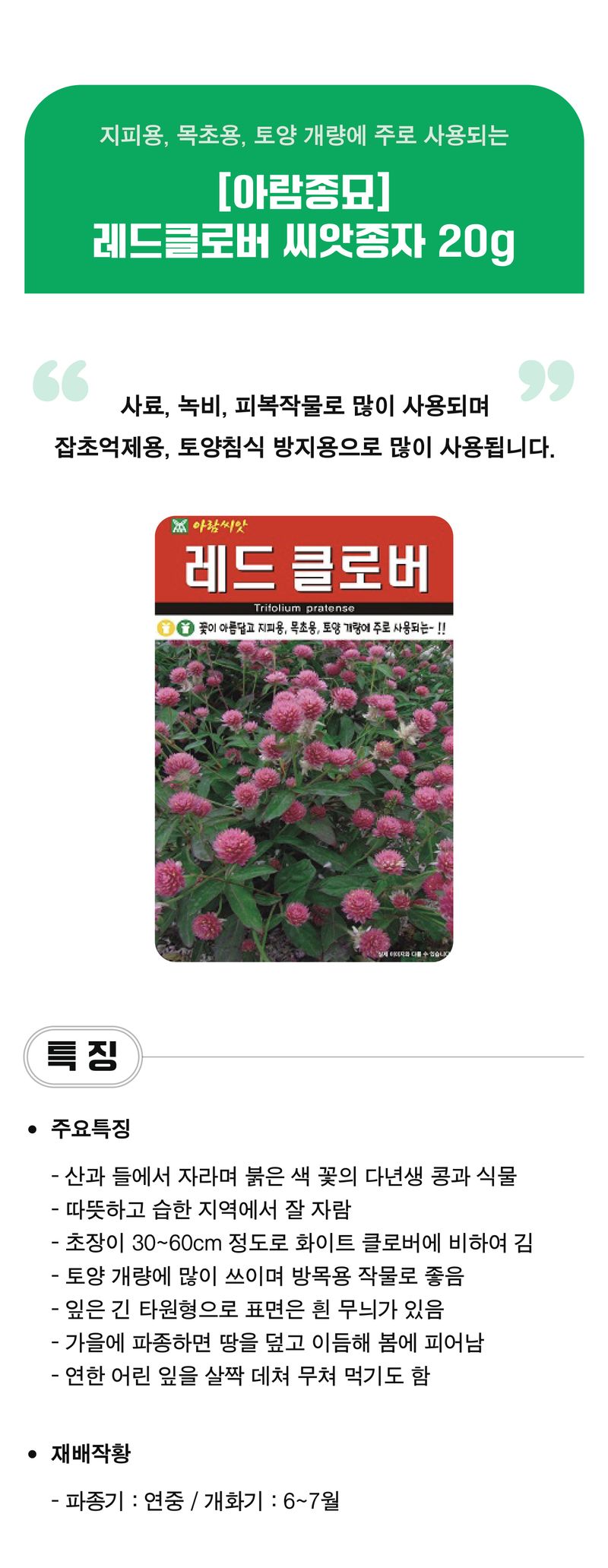 팜모닝 상점님의 장터 판매 상품 [[아람종묘] 레드클로버 씨앗종자 20g] 첨부 사진