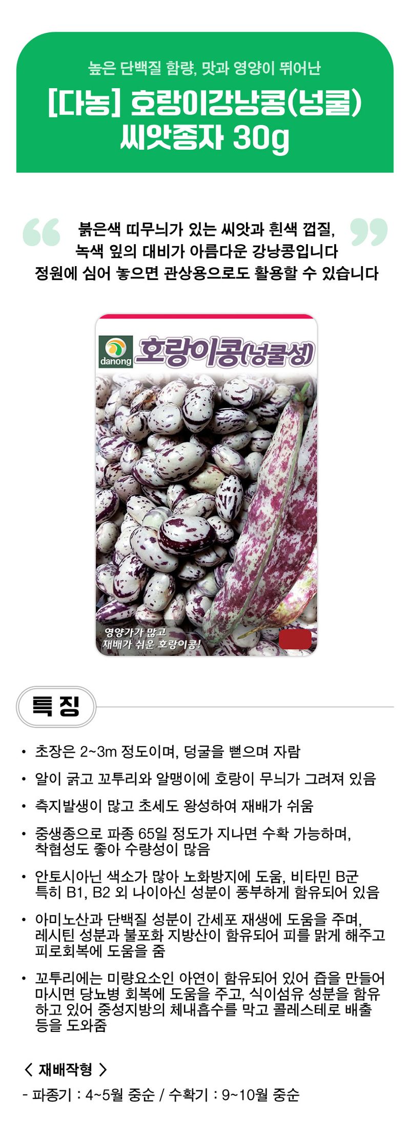 팜모닝 상점님의 장터 판매 상품 [[다농] 호랑이강낭콩(넝쿨) 씨앗종자 30g] 첨부 사진