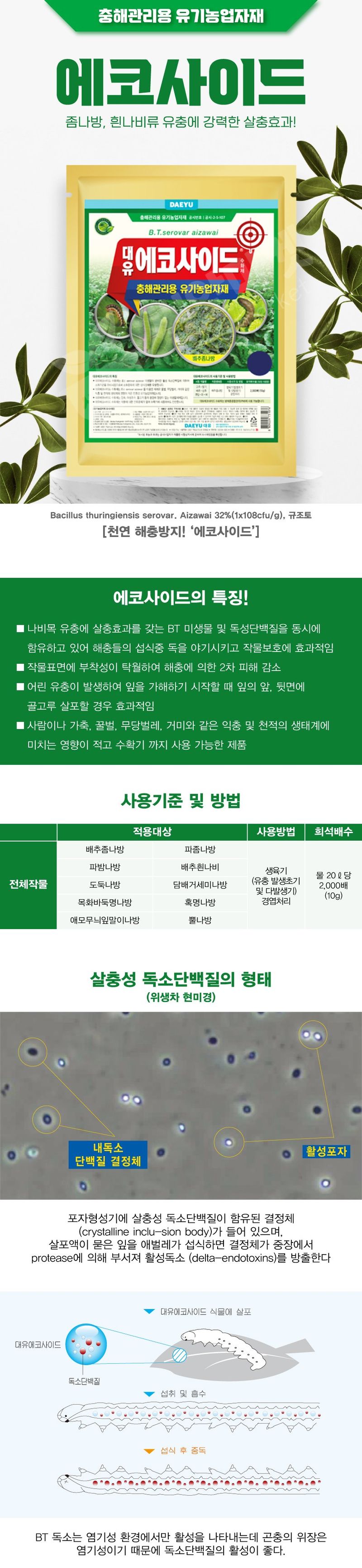 산들마켓,씨앗마켓님의 장터 판매 상품 [대유 에코사이드 100g 나방 유충 좀나방 흰나비 친환경 충해관리용 유기농업자재] 첨부 사진