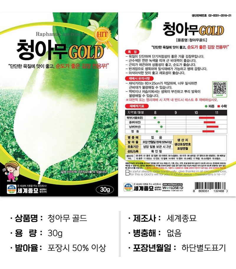 가을 저장용 김장무씨 종자 단단한 무 내병성무 무우씨 청아무골드 씨앗 30g - 팜모닝