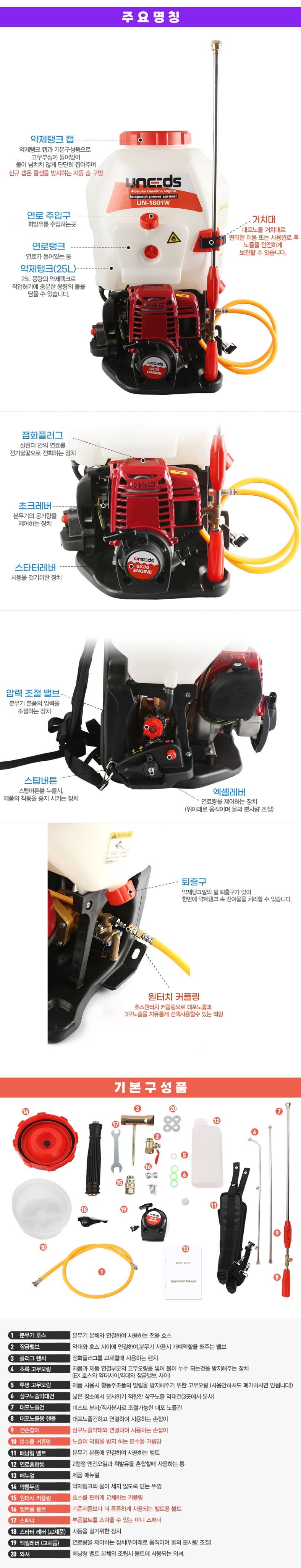 유니즈님의 장터 판매 상품 [유니즈 엔진분무기 4행정 1.5마력 25리터 산불진화 이동분사기 자동고압 동력분무기 농약살포기 UN1801W] 첨부 사진